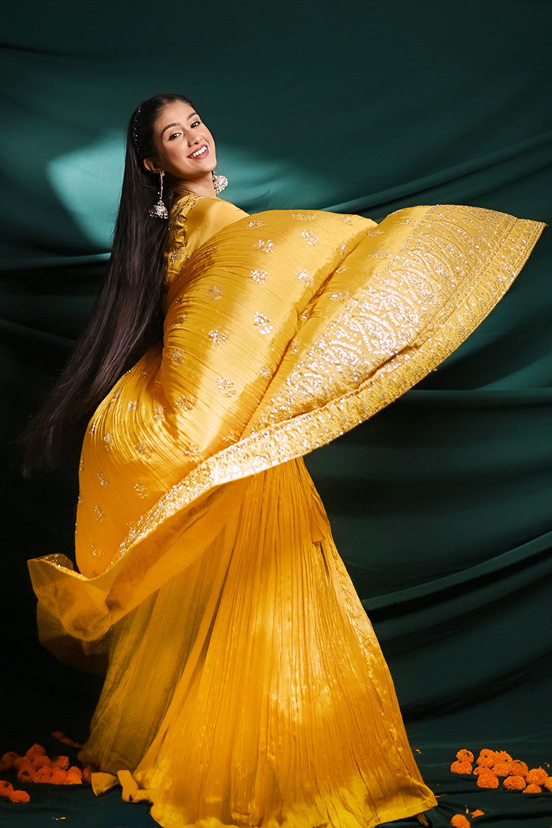 Yellow Long Floor-Length Designer Kurta with Lehenga Skirt and Dupatta - Mayrake -
