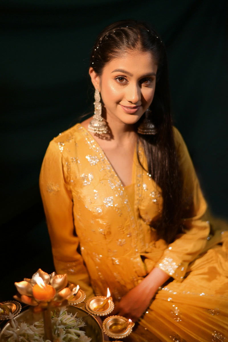 Yellow Long Floor-Length Designer Kurta with Lehenga Skirt and Dupatta - Mayrake -