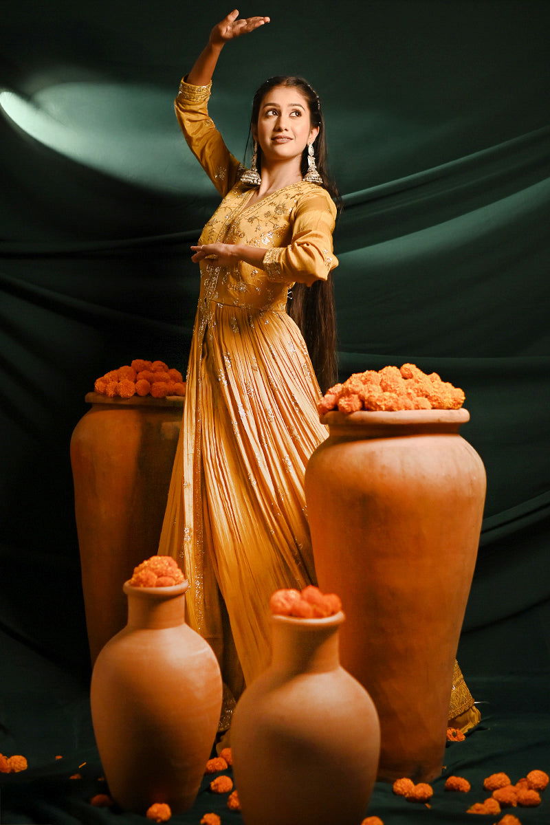 Yellow Long Floor-Length Designer Kurta with Lehenga Skirt and Dupatta - Mayrake -