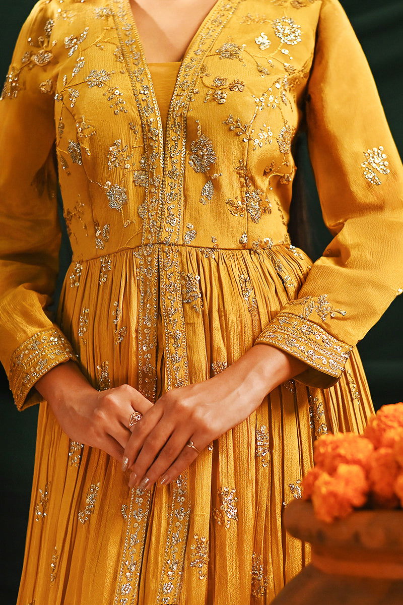 Yellow Long Floor-Length Designer Kurta with Lehenga Skirt and Dupatta - Mayrake -