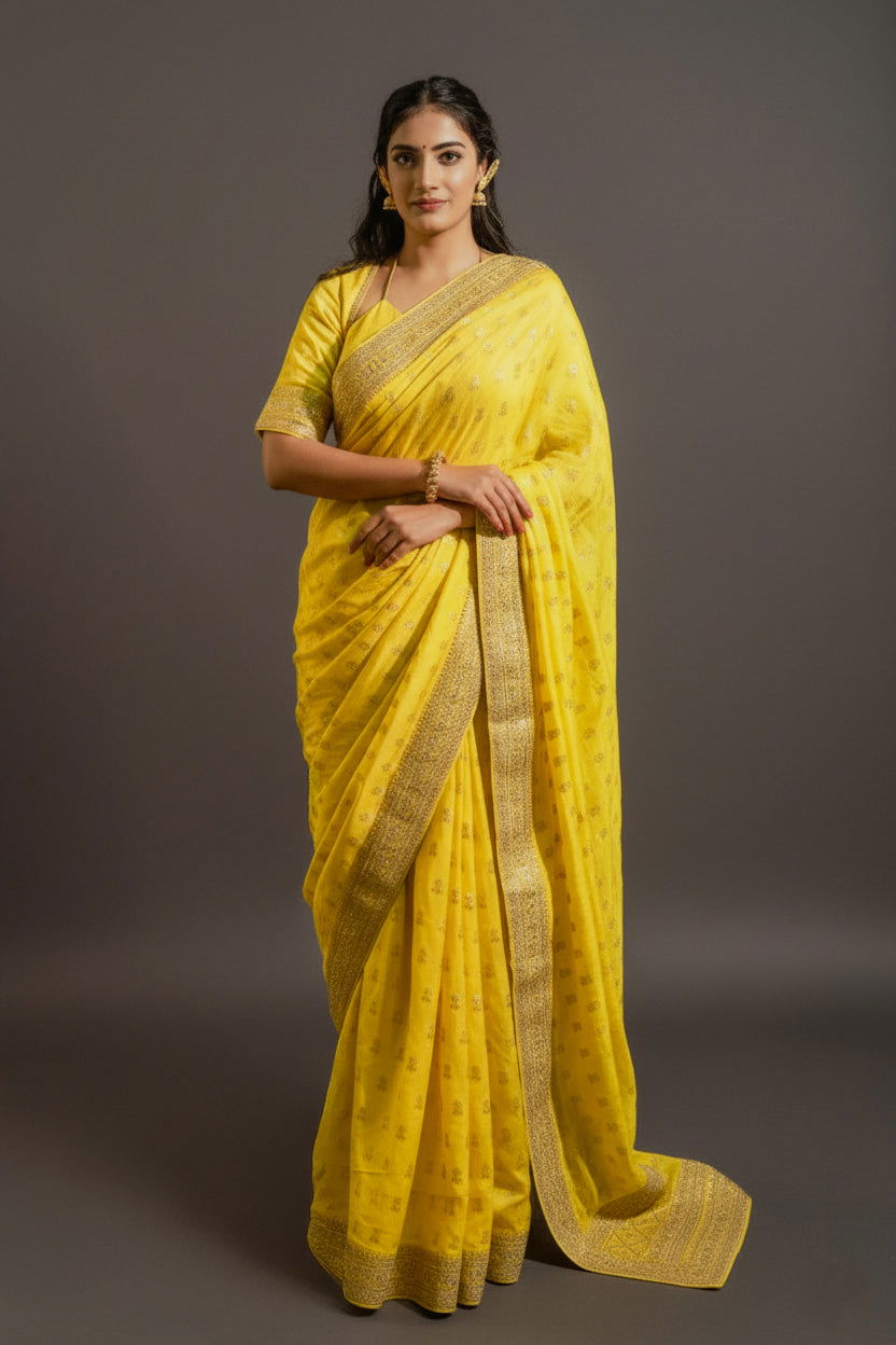 Yellow Silk Saree with Golden Buti Work and Rich Zari Border - Mayrake.in