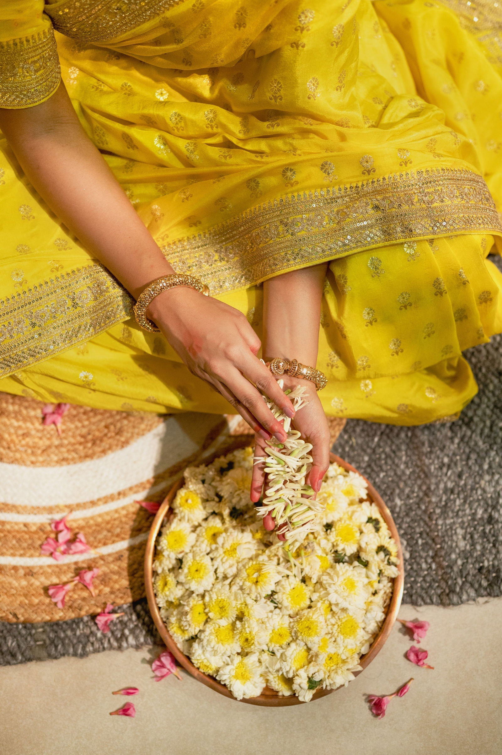 Yellow Silk Saree with Golden Buti Work and Rich Zari Border - Mayrake.in