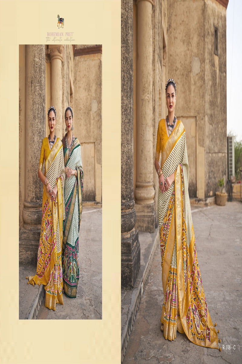 Yellow with Multi-Color Golden Border Viscose Silk with Patola Design and Apoxy Work - Mayrake