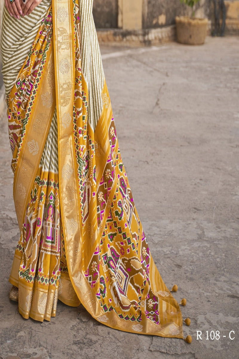 Yellow with Multi-Color Golden Border Viscose Silk with Patola Design and Apoxy Work - Mayrake