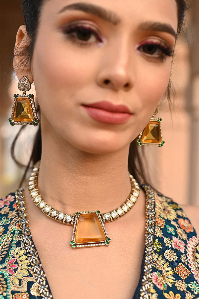 Zircon AD Necklace with Bold Yellow Stone Earrings - Mayrake.in
