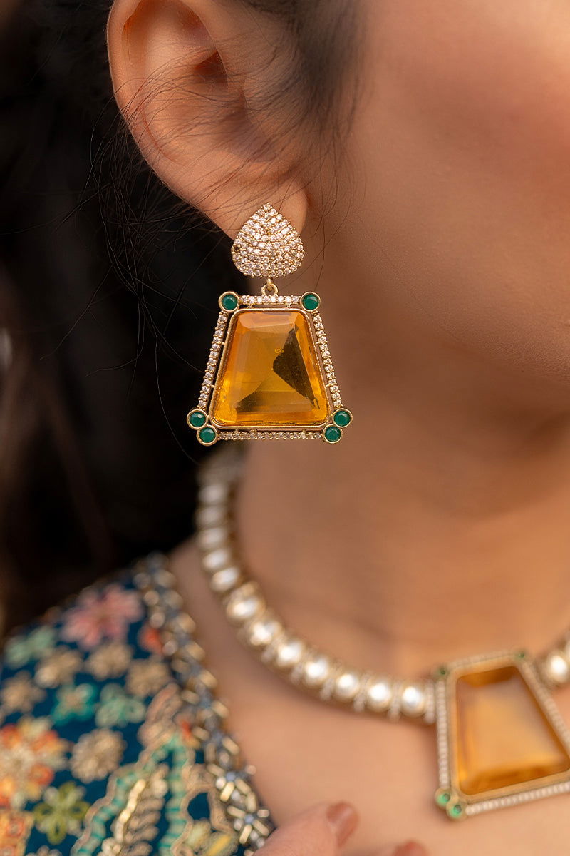 Zircon and AD Necklace with Bold Yellow Stone Earrings - Mayrake -