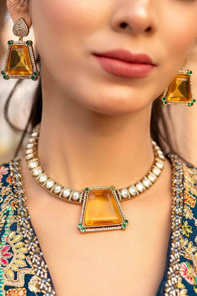 Zircon and AD Necklace with Bold Yellow Stone Earrings - Mayrake -