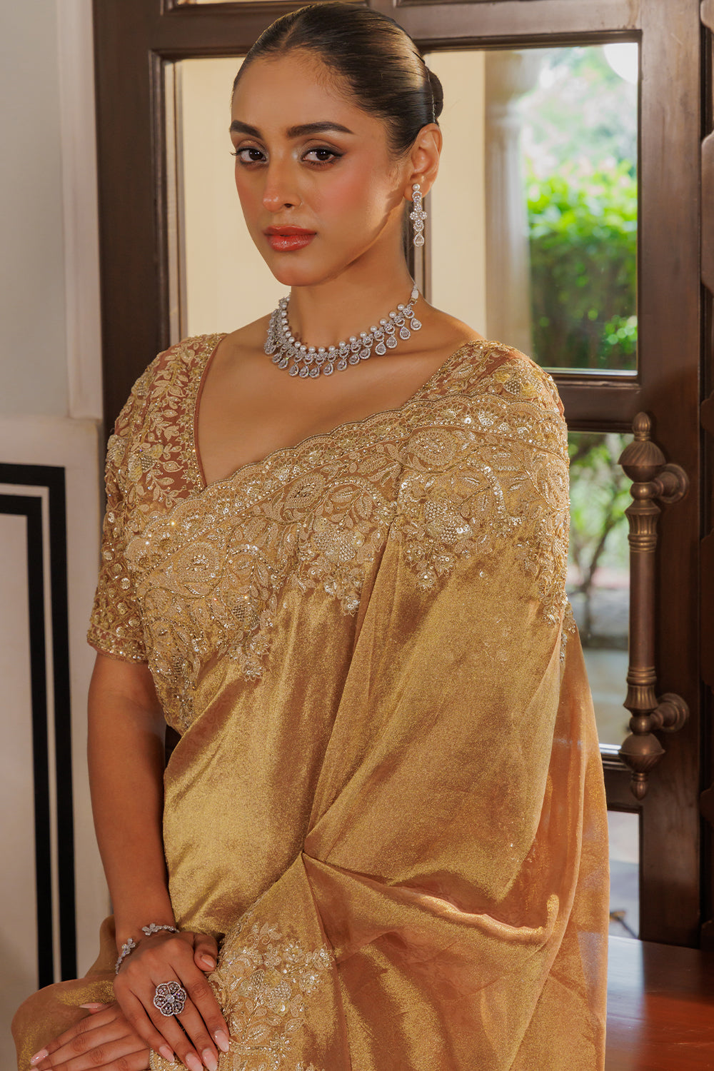 Dark Peach Silk Saree with Zircon Stone Embroidery