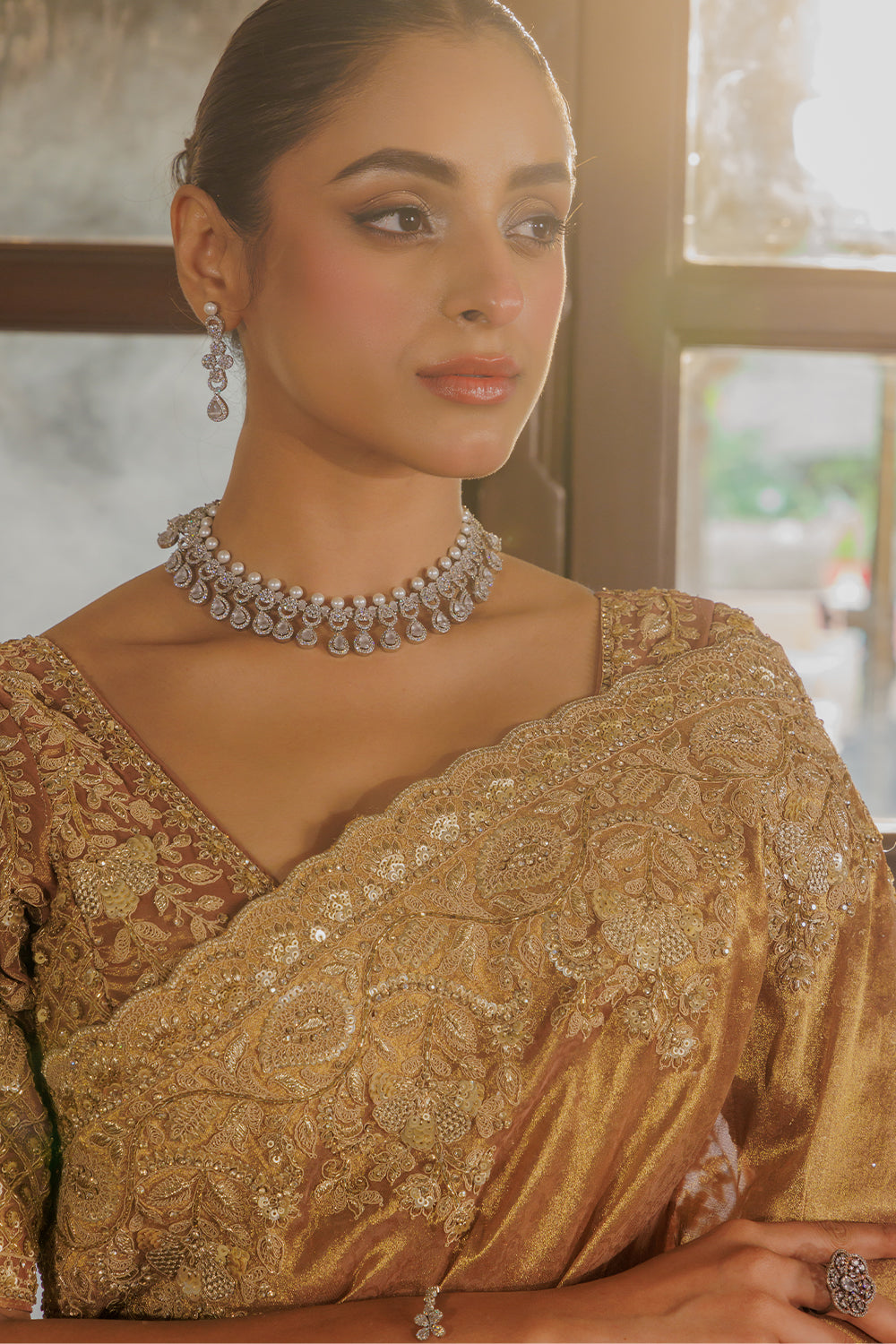 Dark Peach Silk Saree with Zircon Stone Embroidery