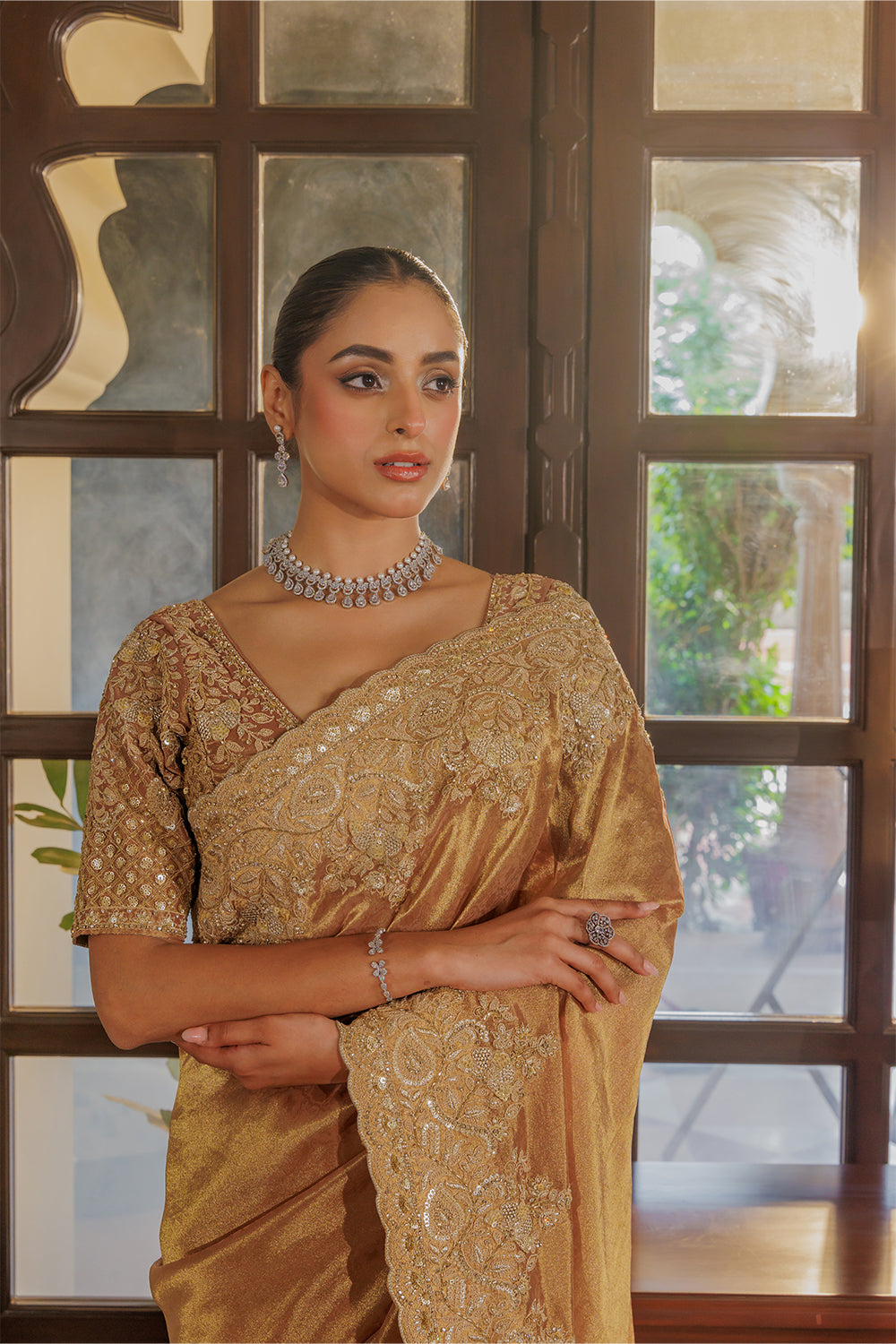 Dark Peach Silk Saree with Zircon Stone Embroidery