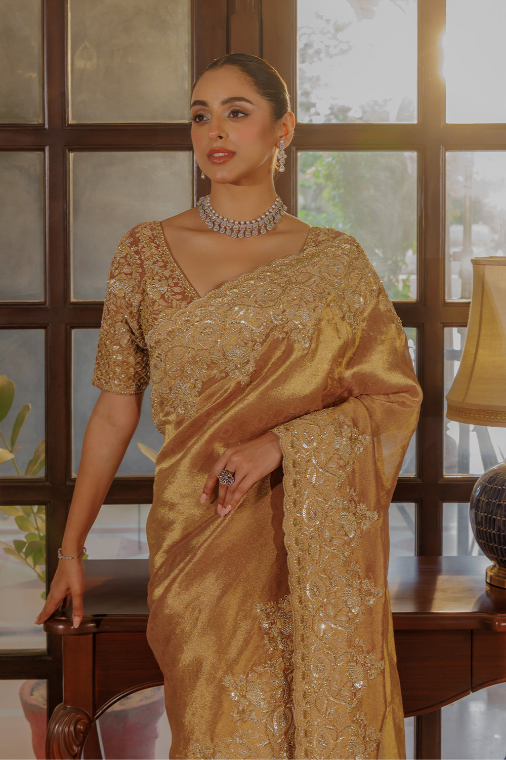 Dark Peach Silk Saree with Zircon Stone Embroidery