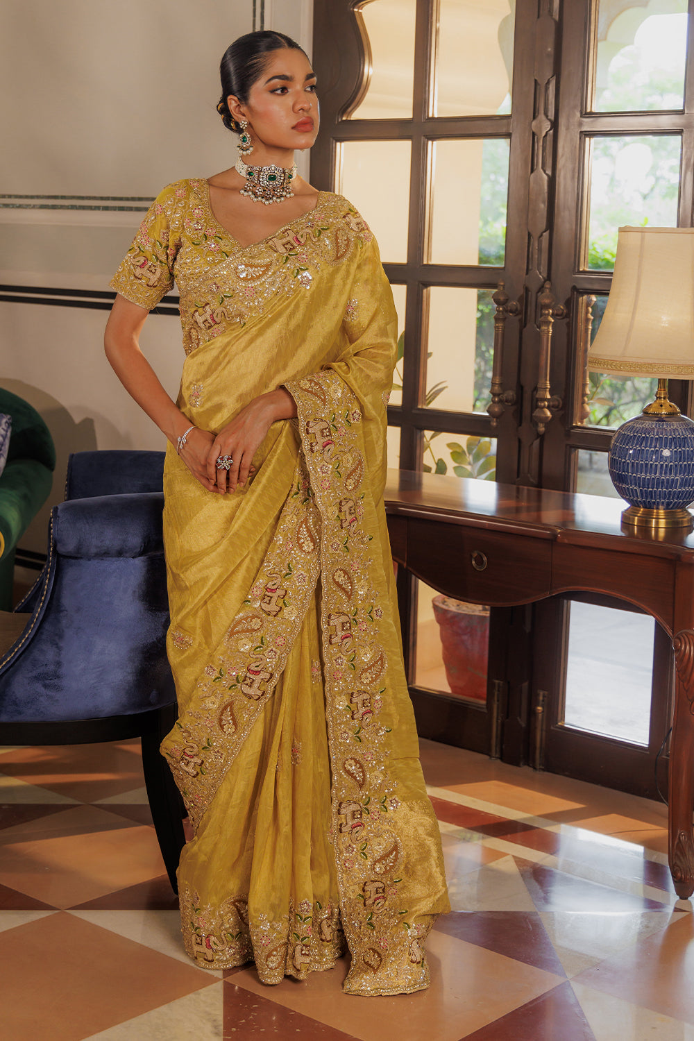 Gold Organza Saree with Zardozi & Zircon Thread Work