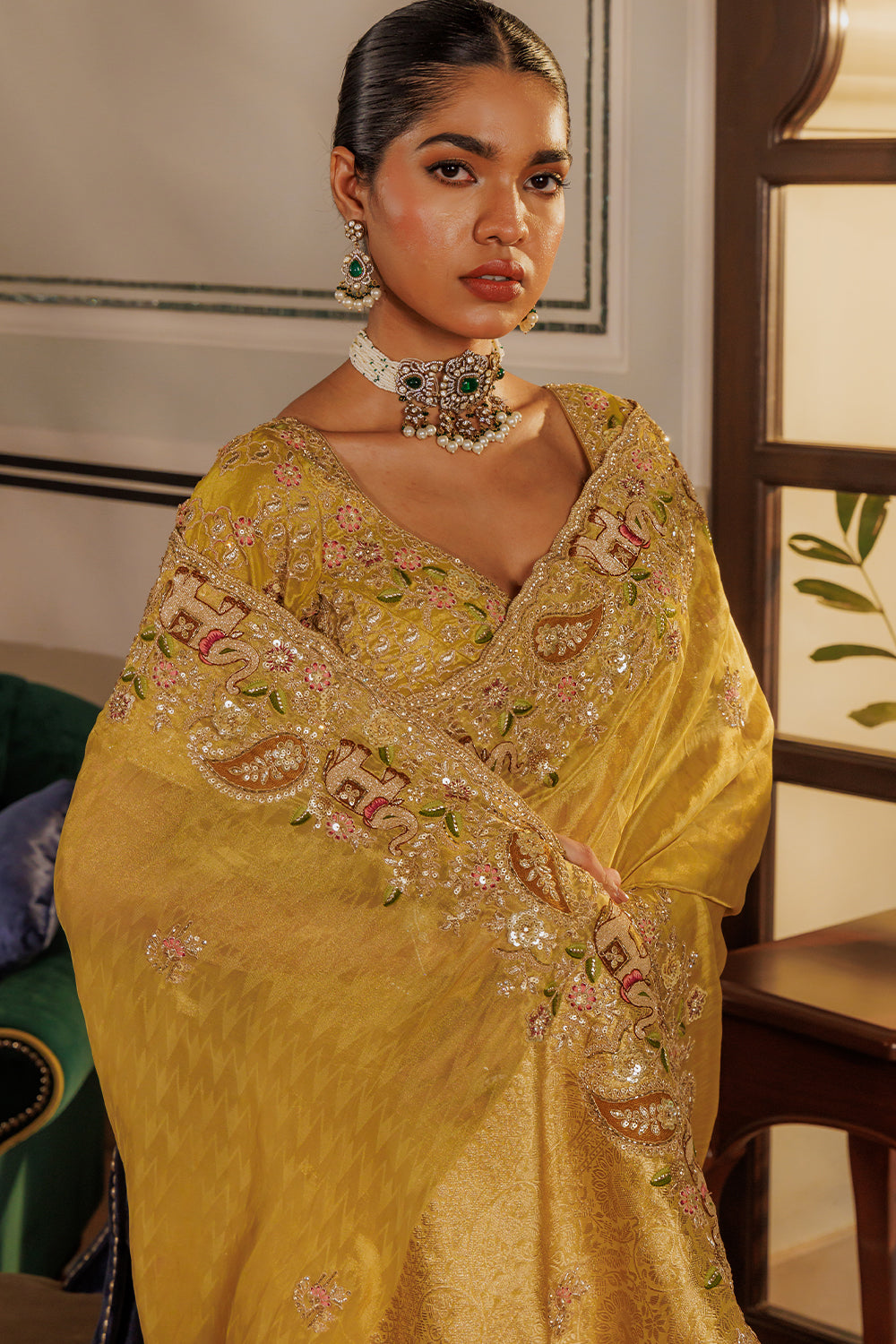 Gold Organza Saree with Zardozi & Zircon Thread Work