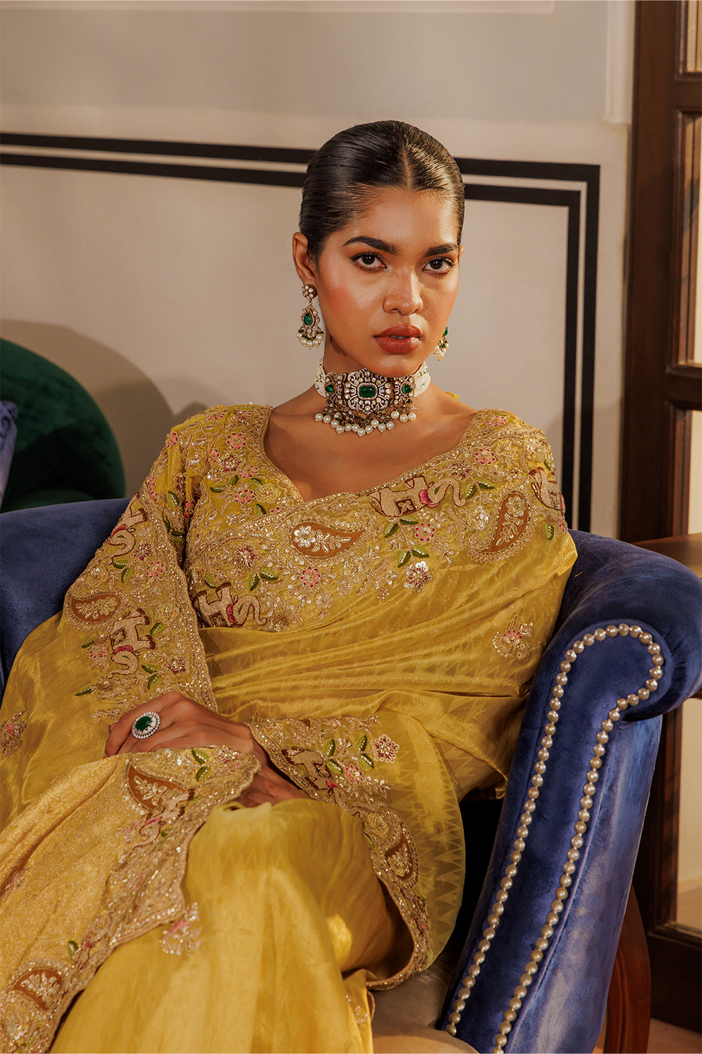 Gold Organza Saree with Zardozi & Zircon Thread Work