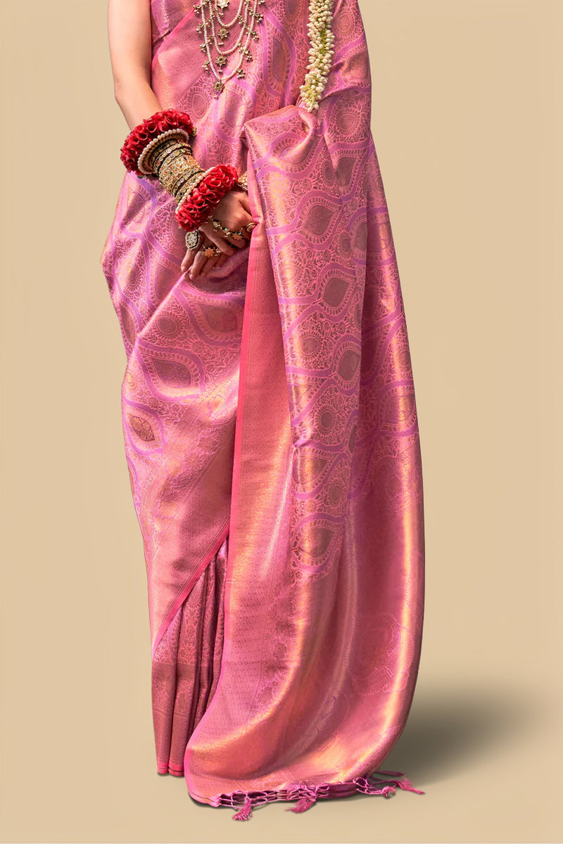 Two-Tone Baby Pink Weaving Silk Saree with Contrast Selvage Border