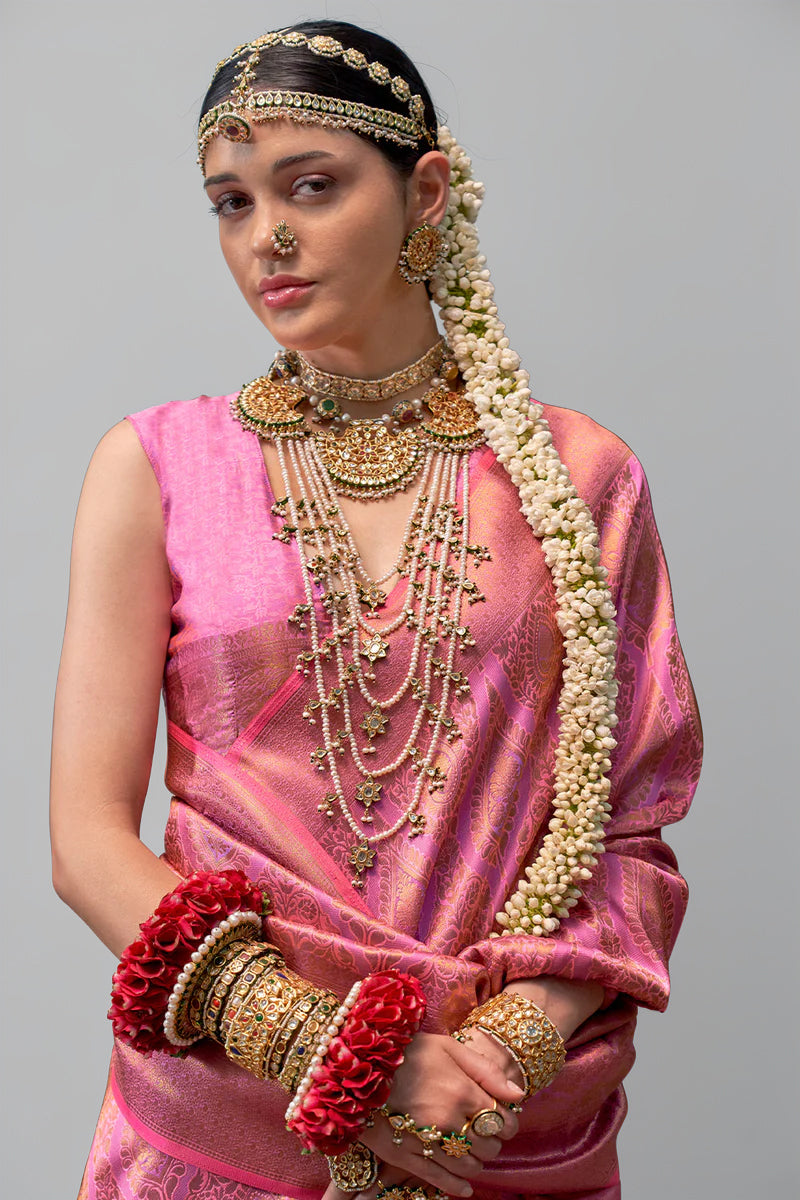 Two-Tone Baby Pink Weaving Silk Saree with Contrast Selvage Border