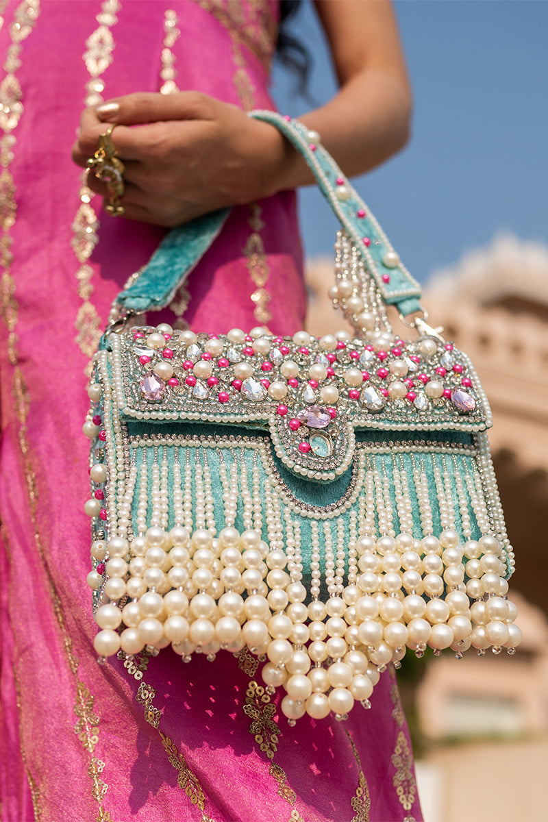Zari Adorned Sea Blue Handbag with Pink Beads, Pearls, and Tassel