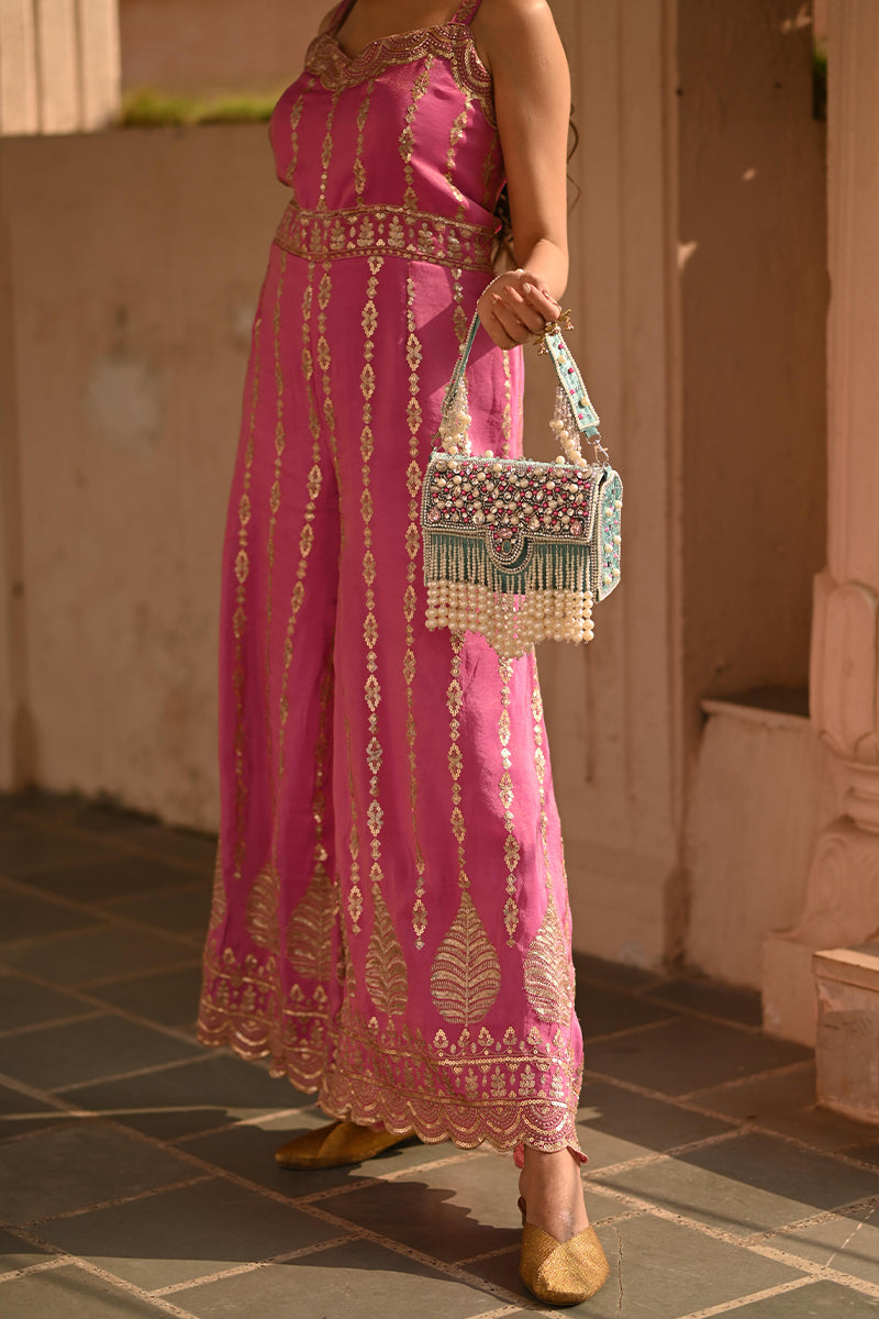 Zari Adorned Sea Blue Handbag with Pink Beads, Pearls, and Tassel
