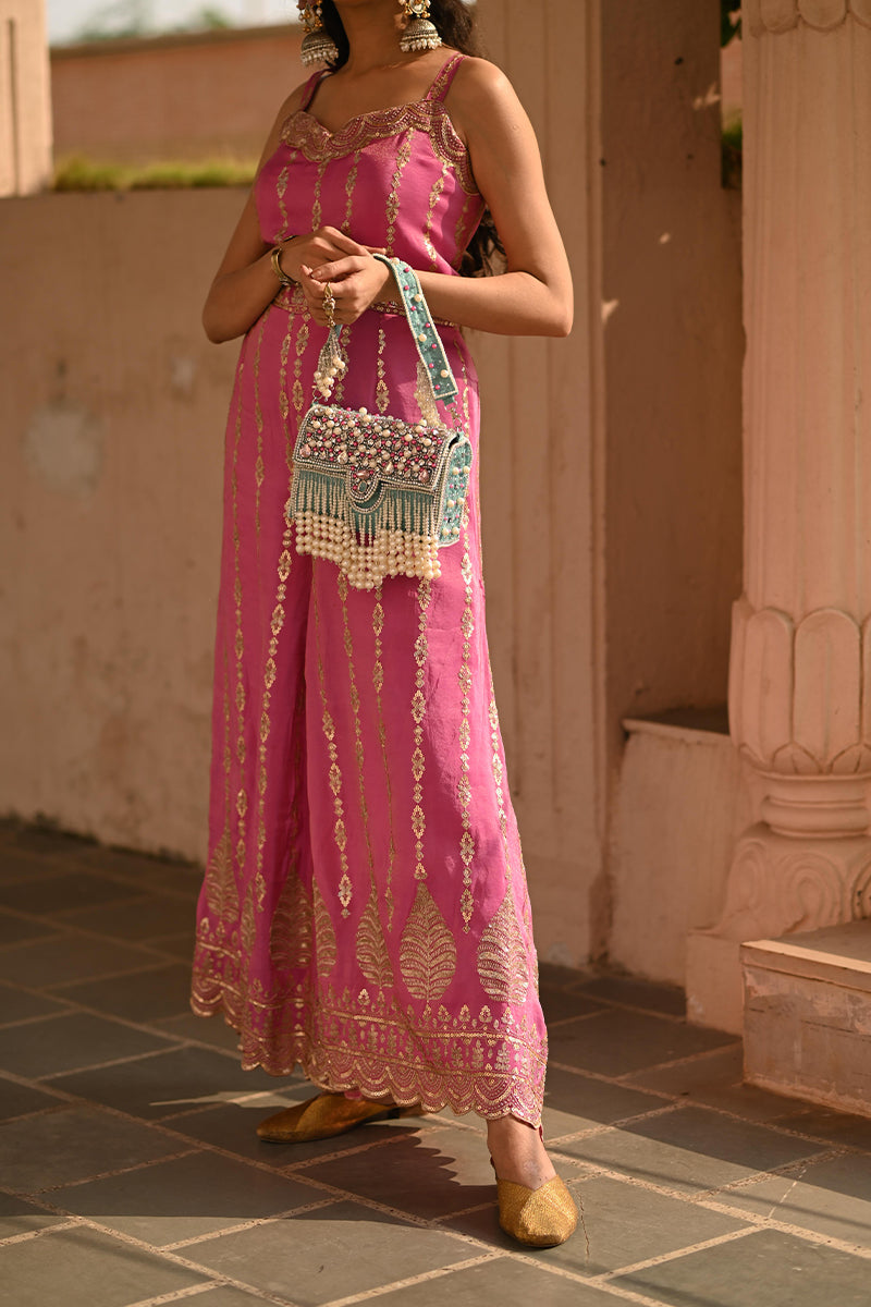 Zari Adorned Sea Blue Handbag with Pink Beads, Pearls, and Tassel