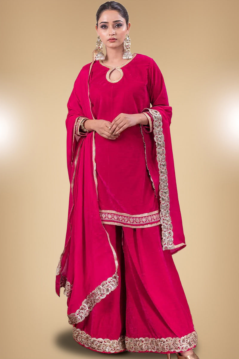 Fuchsia Pink Velvet Shimmering Kurta Palazzo Pant Suit