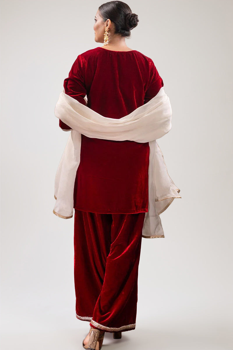 Maroon Velvet Embroidered Palazzo Sets