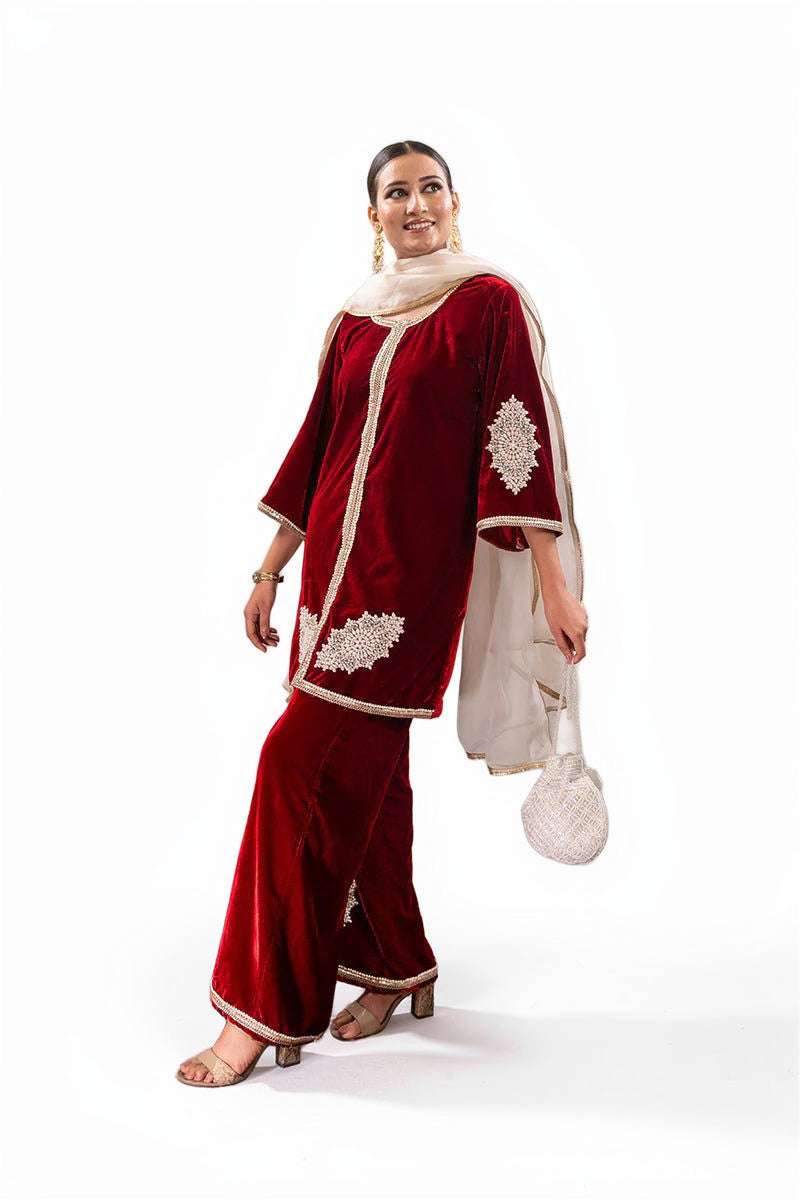 Maroon Velvet Embroidered Palazzo Sets