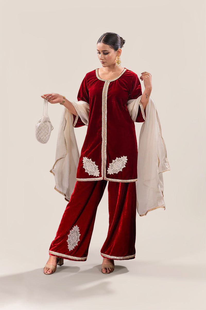 Maroon Velvet Embroidered Palazzo Sets