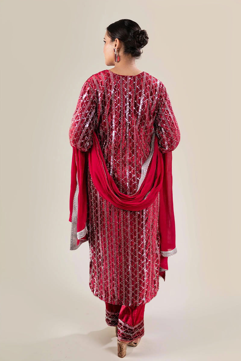 Royal Maroon Velvet Sequined Suit with Hand Embroidery & Zarcon Work