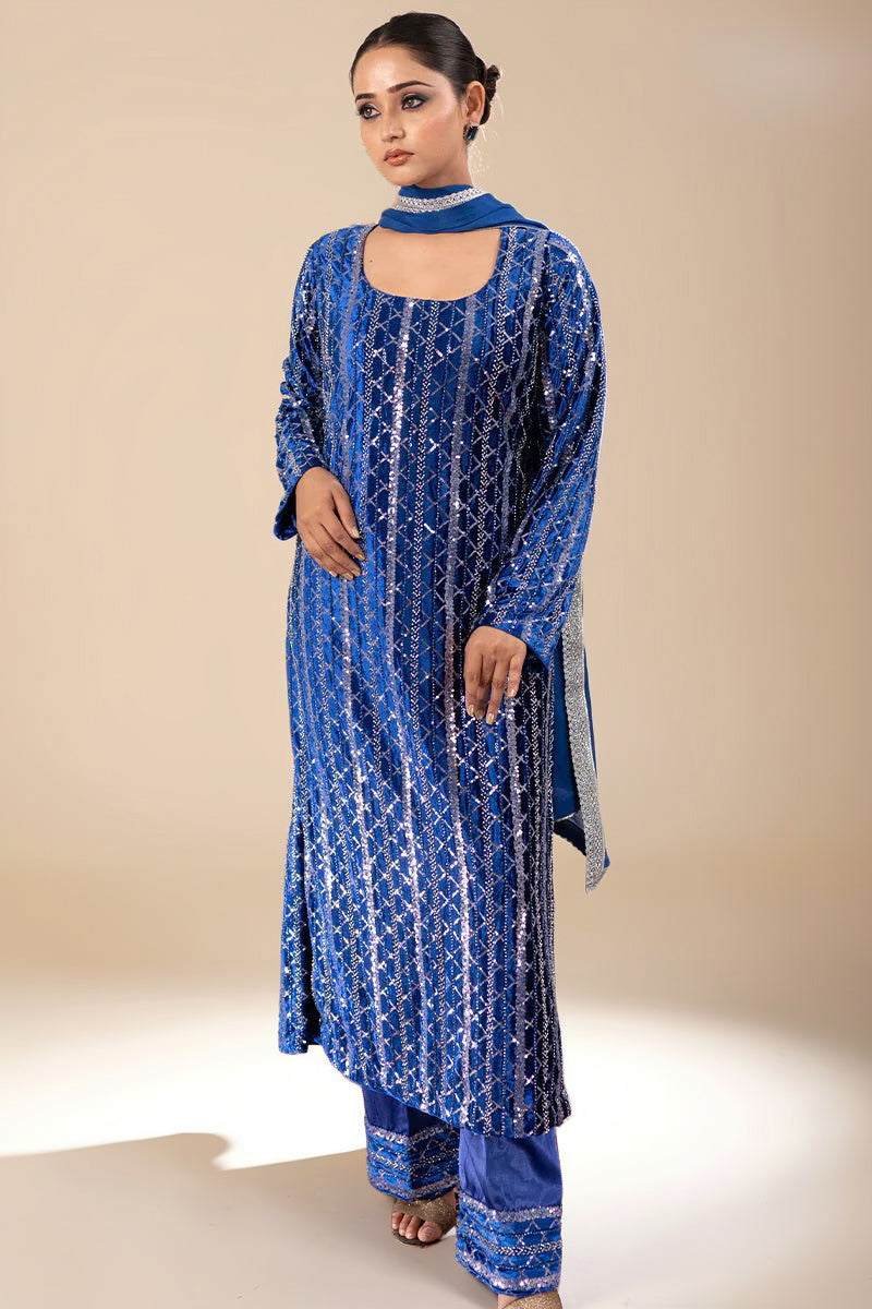 Royal Blue Velvet Sequined Suit with Hand Embroidery & Zarcon Work
