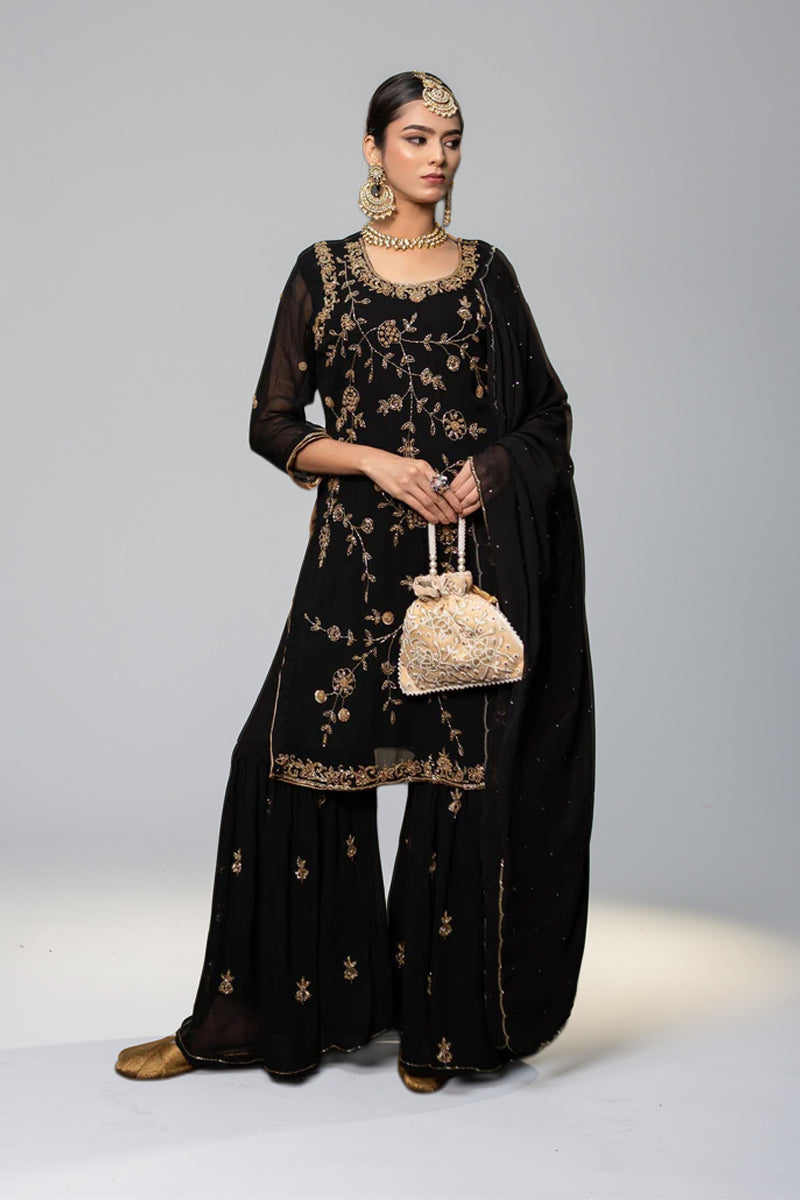 Black Georgette Handwork Zardozi Suit with Garara Set