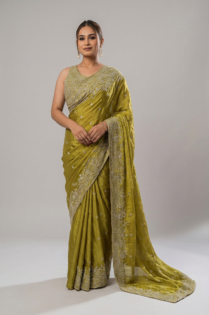 Two Blouse Concept – Mehendi Green Crepe Silk Saree with Sequin and Zari Work