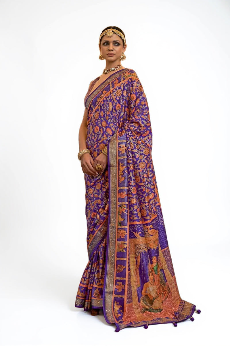 Purple Raw Silk Saree with Ethnic Heritage Prints