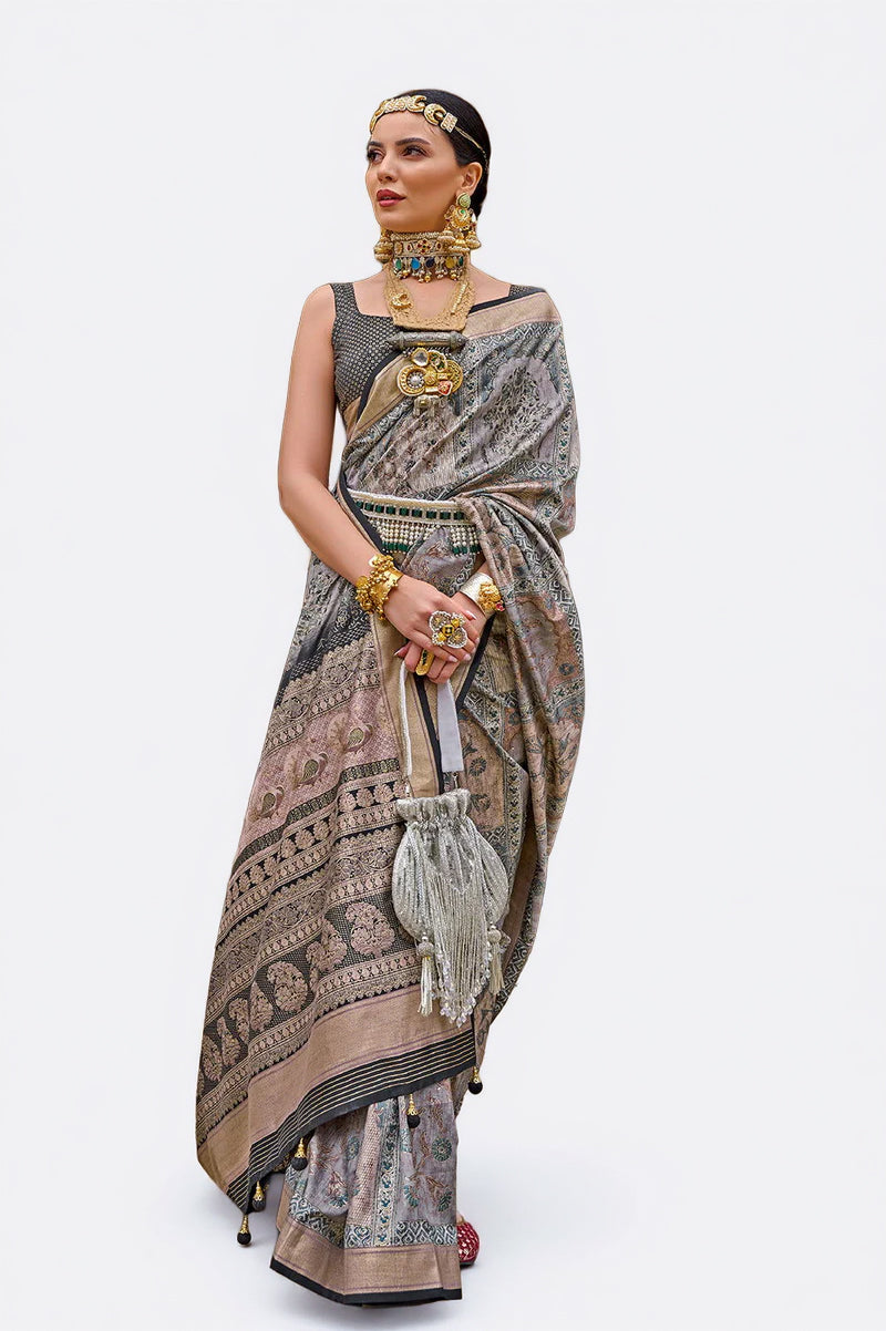 Grey Raw Silk Saree with Floral Motifs
