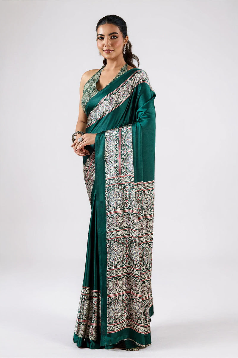 Dark Green Satin Modal Silk Saree with Ajrak Print