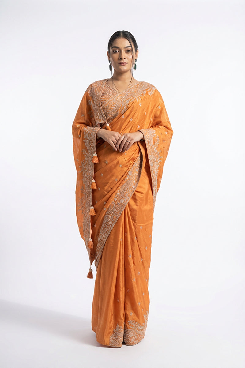 Two Blouse Concept – Rust Orange Crepe Silk Saree with Sequin and Zari Work