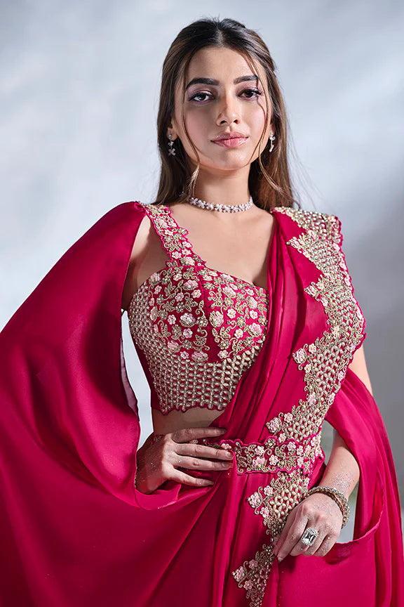 MAYRAKE Deep Rani Pink Ready-to-Wear Crepe Satin Silk Saree with Sequins & Moti Work