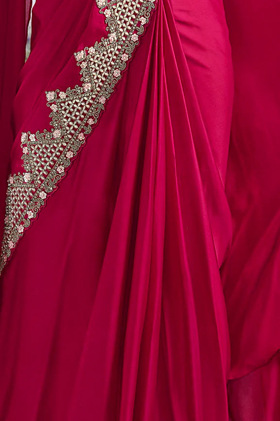 MAYRAKE Deep Rani Pink Ready-to-Wear Crepe Satin Silk Saree with Sequins & Moti Work