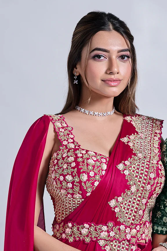 MAYRAKE Deep Rani Pink Ready-to-Wear Crepe Satin Silk Saree with Sequins & Moti Work
