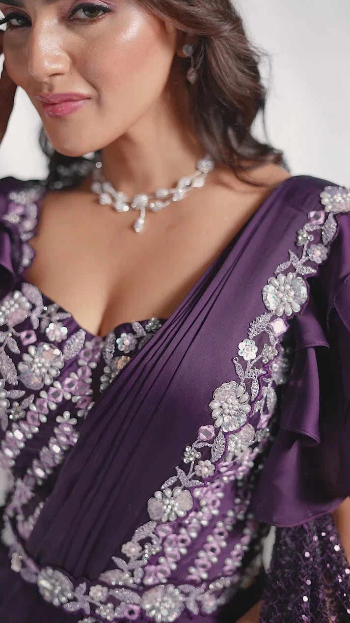 MAYRAKE Purple Mirror Work Satin Silk Ready to Wear Saree with Sequins & Moti Work