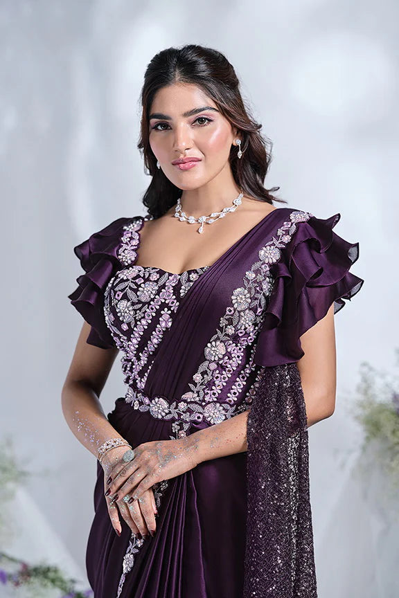 MAYRAKE Purple Mirror Work Satin Silk Ready to Wear Saree with Sequins & Moti Work