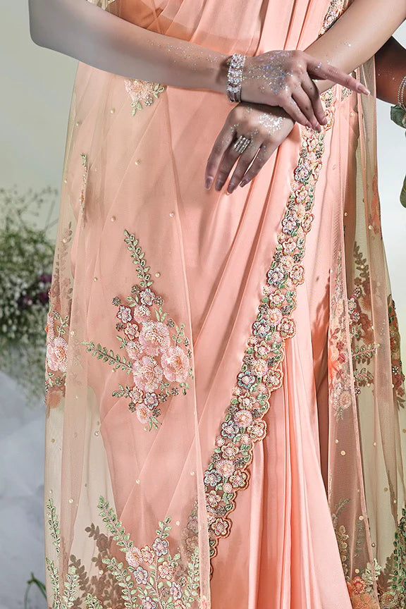 MAYRAKE Peach Ready-to-Wear Crepe Satin Silk Saree with Sequins & Moti Work