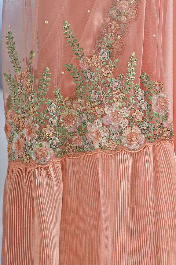 MAYRAKE Peach Ready-to-Wear Crepe Satin Silk Saree with Sequins & Moti Work