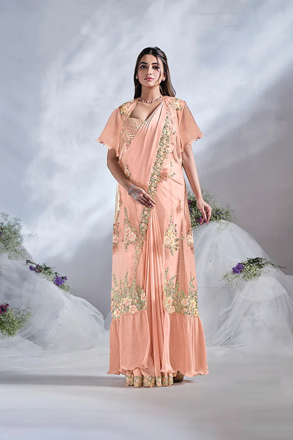 MAYRAKE Peach Ready-to-Wear Crepe Satin Silk Saree with Sequins & Moti Work