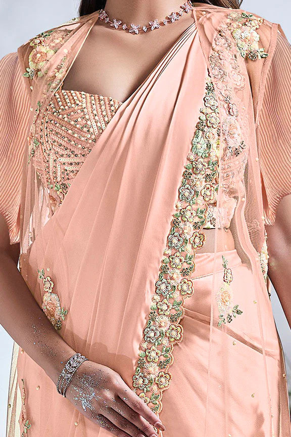 MAYRAKE Peach Ready-to-Wear Crepe Satin Silk Saree with Sequins & Moti Work