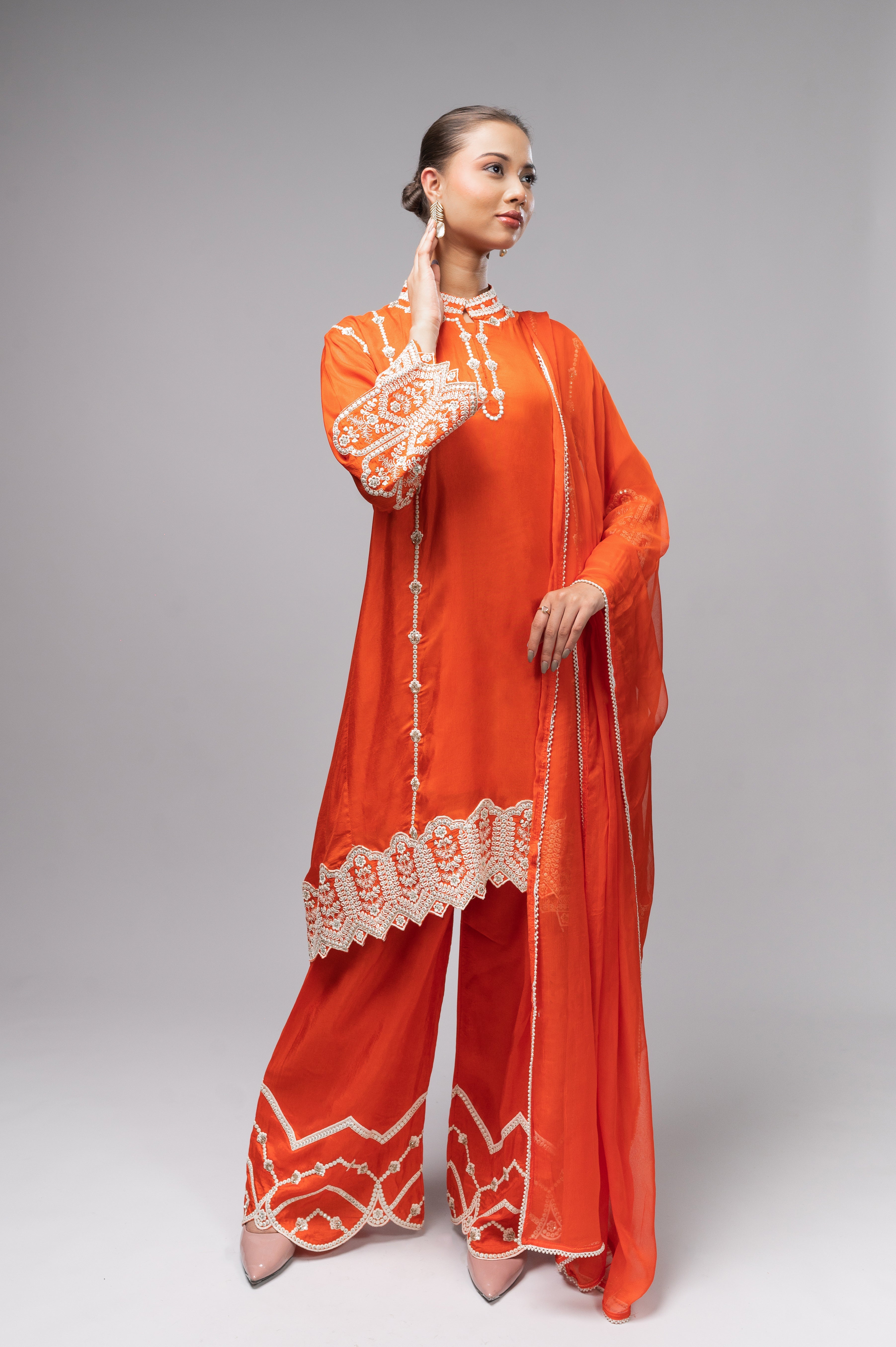 Orange Palazzo Crepe Kurta Set with Silver Embroidery