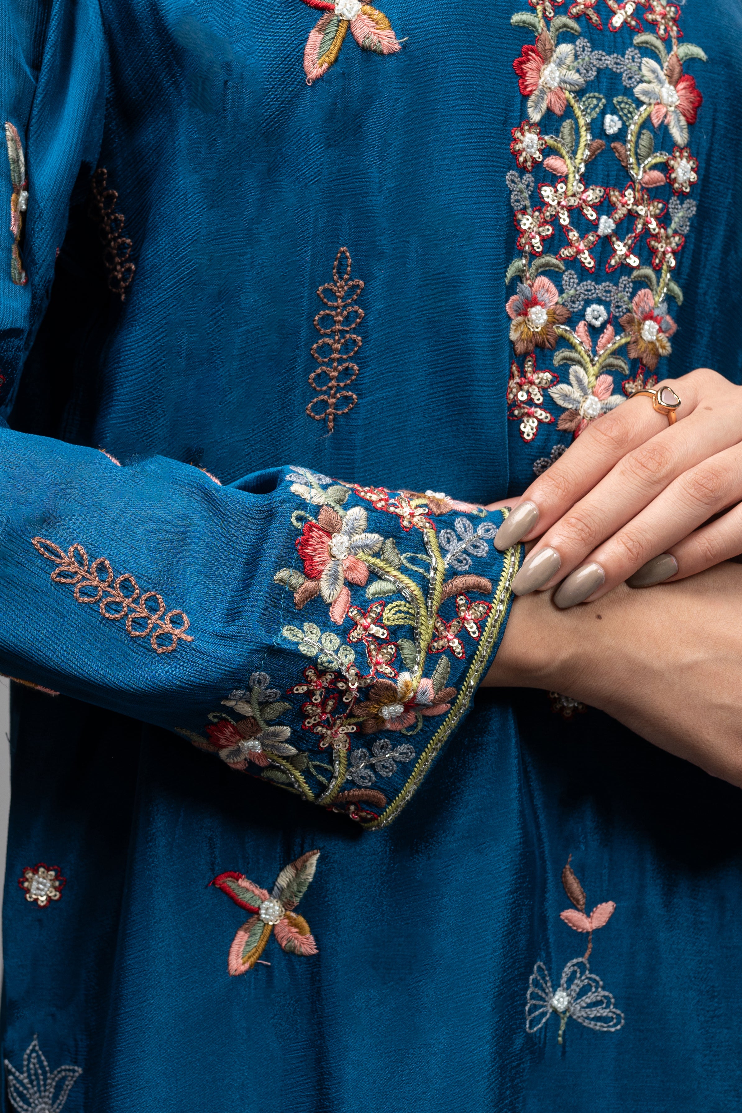 Sky Blue Garara Kurta Set with Pearl, Jarkan & Multicolor Embroidery