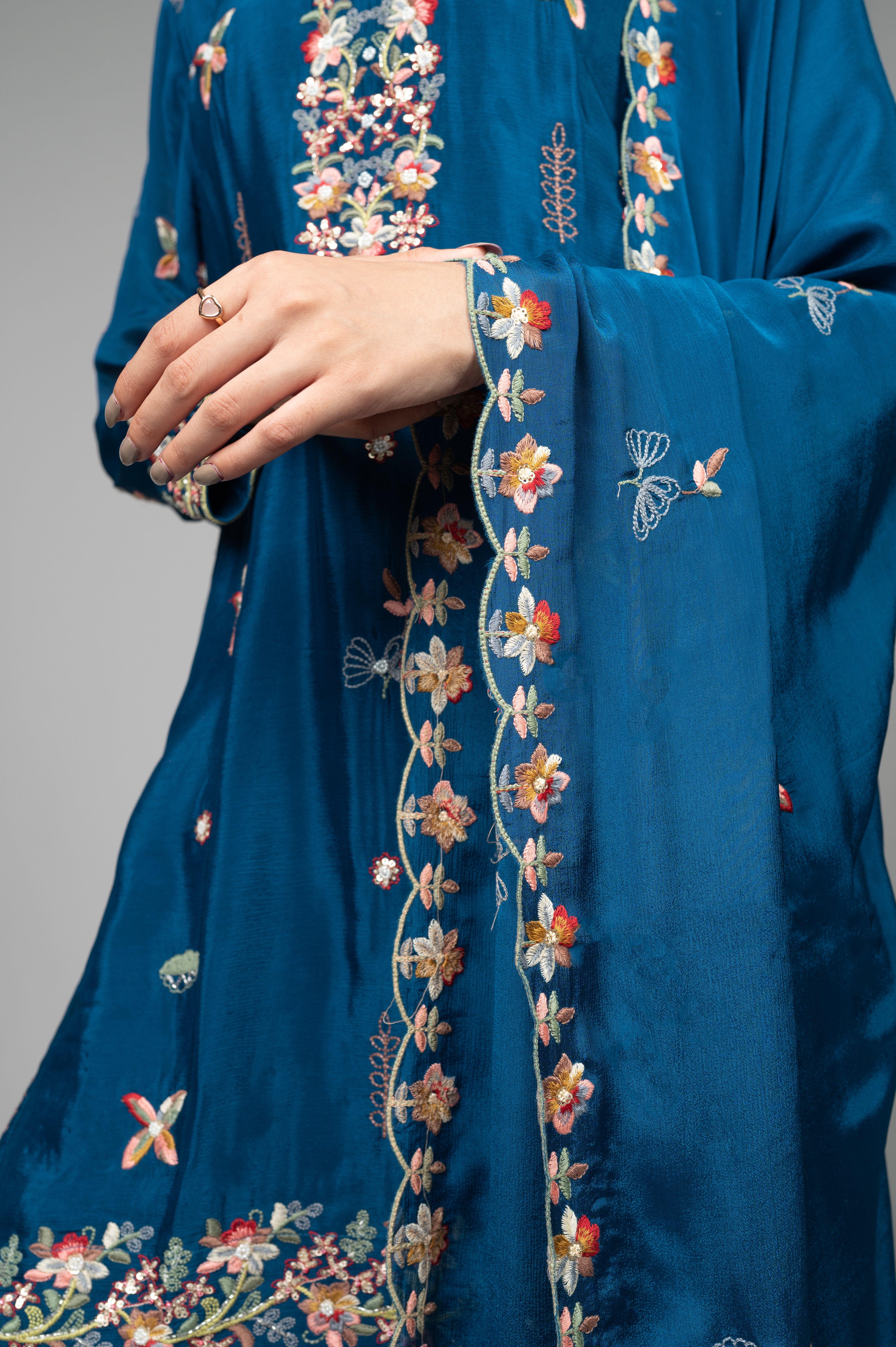 Sky Blue Garara Kurta Set with Pearl, Jarkan & Multicolor Embroidery