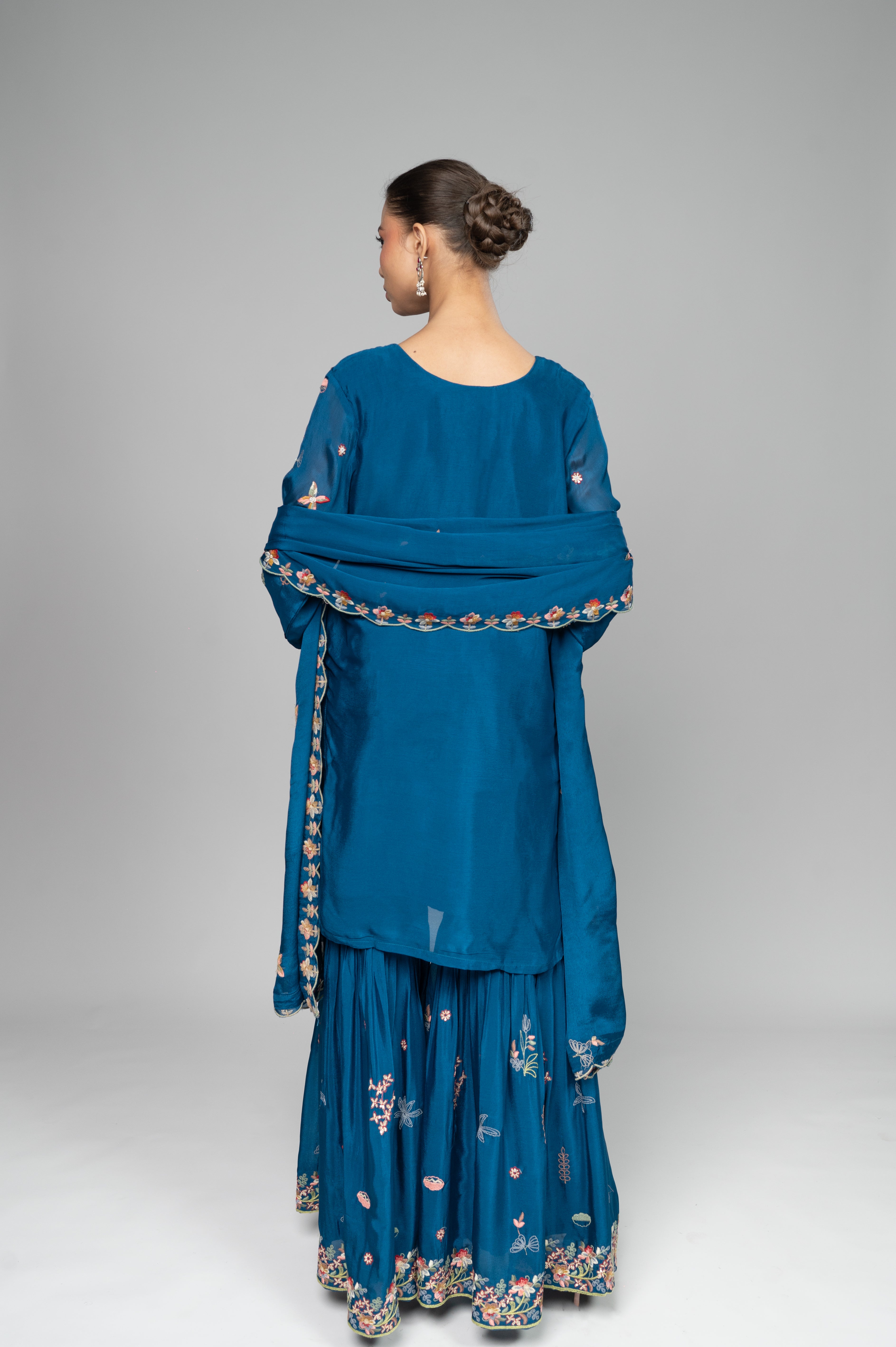 Sky Blue Garara Kurta Set with Pearl, Jarkan & Multicolor Embroidery