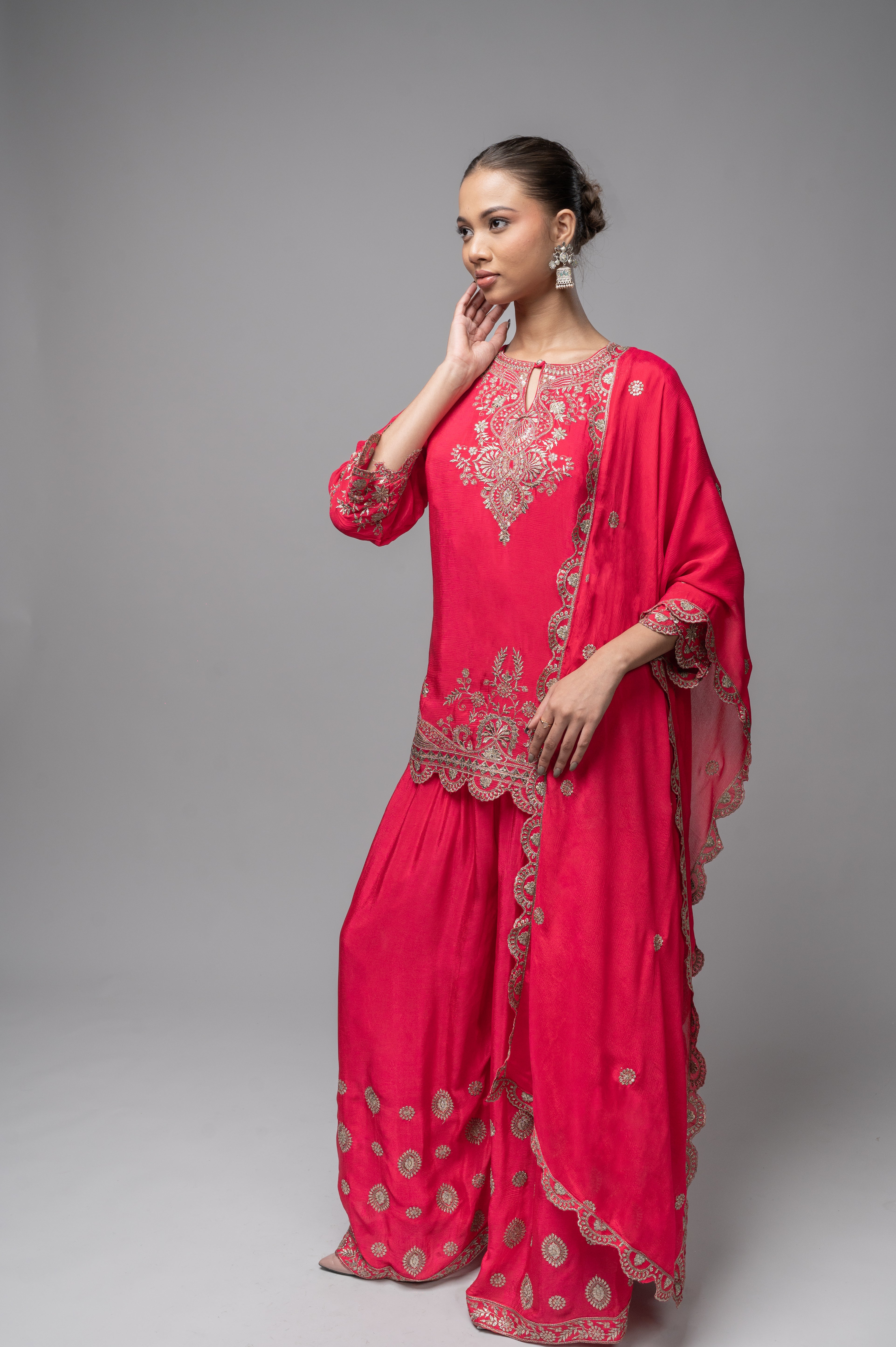 Orange Crepe Kurta Sharara Set with Golden Zari Embroidery