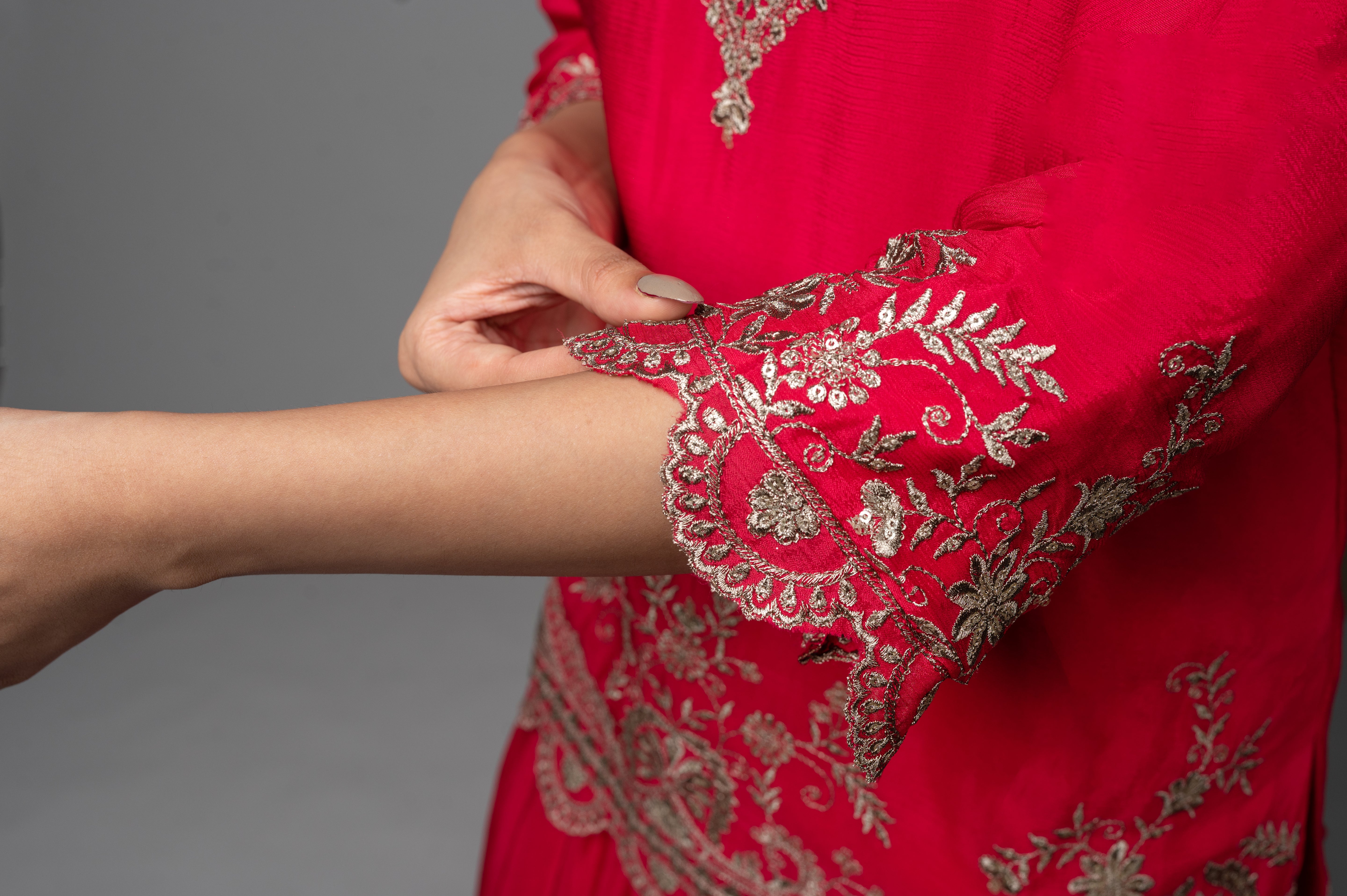 Orange Crepe Kurta Sharara Set with Golden Zari Embroidery